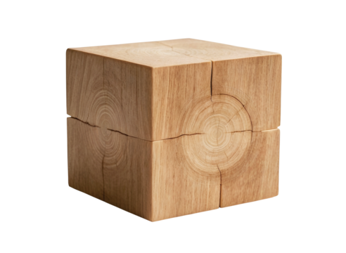 symmetrical natural wooden cube isolated on transparent background, blank, wood block with copy space for text, png file, cut out