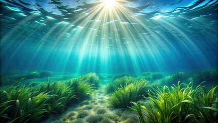 Fototapeta premium Serene Underwater Scene Sunbeams Illuminate Lush Seagrass Meadow