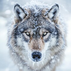 Obraz premium A close-up of a timber wolf's face with its fur fluffed up and eyes narrowed against the cold, winter, nature, outdoor, snowy landscape, fur