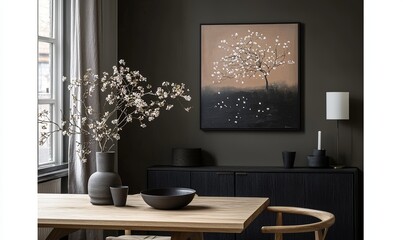 Blooming tree art in minimalist dining room with neutral decor.