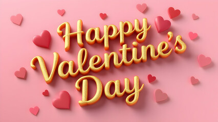 A pink background features gold 3D lettering Happy Valentines Day, surrounded by numerous small pink hearts, creating a festive and romantic Valentines Day greeting.