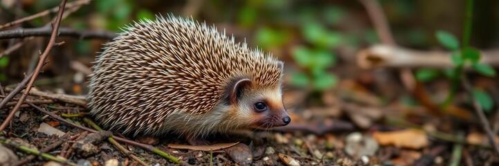 A cute hedgehog foraging in a lush green forest setting, prickly, background, outdoors