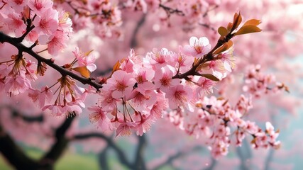 Obraz premium Vibrant cherry blossom tree in full bloom, showcasing delicate pink flowers and creating a serene spring atmosphere