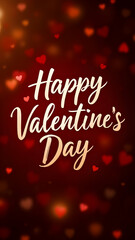 Happy Valentines Day greeting card features a red background with blurred hearts and golden text.  The warm tones and romantic hearts create a festive atmosphere.