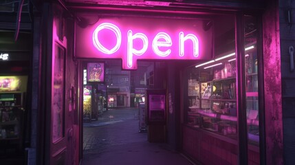 A vibrant pink neon open sign illuminates a shop entrance in a city street at night
