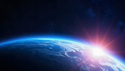 Fototapeta premium Blue space background with earth and galaxy. Abstract wallpaper with planetary glow. Science and education in outer space, with white tones