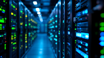 Image shows a long row of brightly lit servers in a modern data center.  The depth of field blurs the hallway, emphasizing the technological infrastructure and glowing lights.