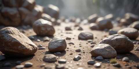 A collection of rocks floating gently in the air with a soft focus effect , earthy tone, natural elements, atmospheric perspective