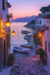 Fototapeta premium Village côtier au crépuscule avec lampadaires lumineux et bateaux de pêche