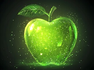 Abstract apple icon with a leaf and glowing green accents, symbolizing healthy eating.