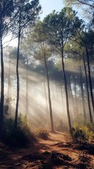 Obraz premium Sunbeams filtering through fog in a pine forest creating a magical atmosphere