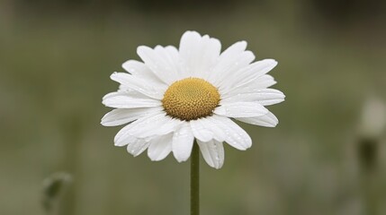 Fototapeta premium Close-up of a single white daisy with water droplets on its petals, standing tall against a blurred green background.