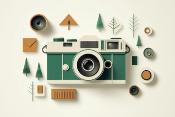 A flat design of a retro camera, with simple geometric shapes and muted vintage colors like sepia and olive green