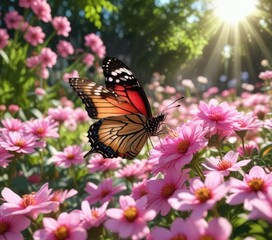 A colorful butterfly sipping nectar from pink flower petals in a sun-drenched garden, outdoor, floral