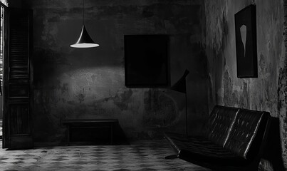 Dark, empty room with vintage furniture, decaying walls, and geometric floor.