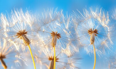 Obraz premium Dandelion seed heads against blue sky, nature background, ideal for spring themes.