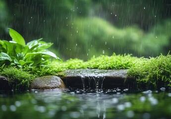 Fototapeta premium Tranquil Rainfall Over Lush Green Mossy Stones in a Peaceful Natural Setting Capturing the Essence of Serenity and the Beauty of Nature's Elements