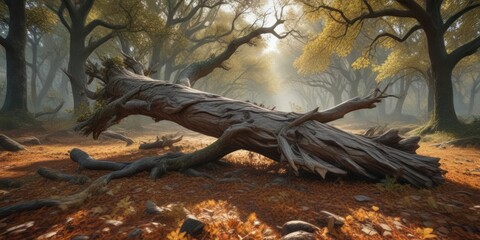 A fallen oak tree lying on its side in a forest clearing with leaves and twigs scattered around, forest floor, foliage, woodland