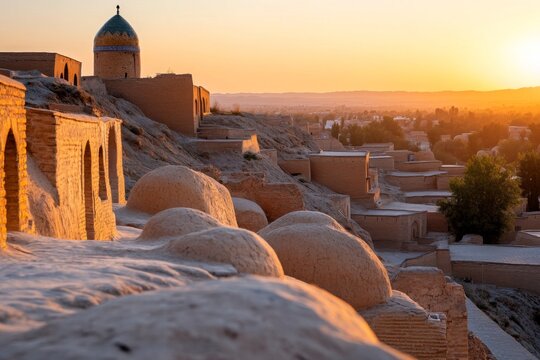 A panoramic view of Khiva Ichan Kala, with its mud-brick walls and the iconic Kalta Minor Minaret standing out