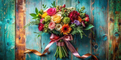 A colorful mix of fresh flowers in a vintage-inspired bouquet with ribbon and greenery, floral design, roses