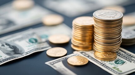 Stacked Coins and Dollar Bills Displayed on a Dark Background for Financial Investment and Savings Concept