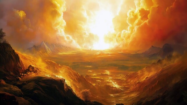Sunlit landscape with earth being shattered by enormous explosion of fire smoke sky is filled orange clouds as if from epic fiery battle or godly sunrise