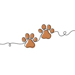 Paw prints. Hand drawn background footprint pet, dog or cat. Continuous line animal. Drawing single outline. Foot marks. Black silhouette paws. © AdoraARTs