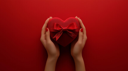 Fototapeta premium Close up on female hands holding a gift in a pink heart presents for valentine day, birthday, mother's day. Flat lay. Symbol of love. Valentines day background with a gift boxes on concrete board.