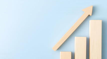 Wooden arrow growth chart on pastel blue background, business and success concept  
