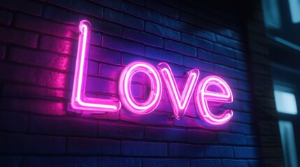 A luminous neon sign displaying the word Love in a vibrant pink hue, mounted on a dark brick wall