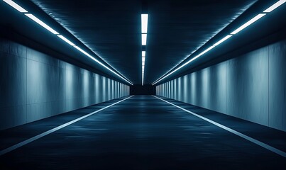 Empty illuminated urban tunnel at night.