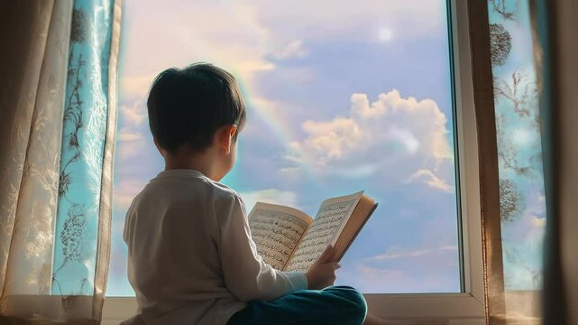 A child reads a quran near a window rainbows visible outside animation ramadan