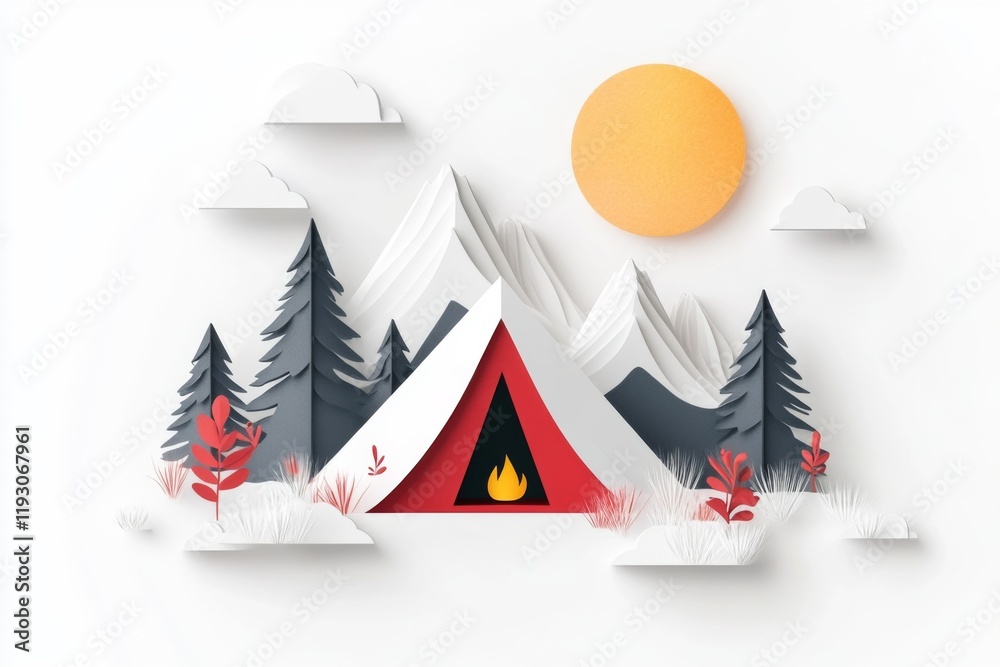Poster a playful 2d depiction of a camper tent set up in the utah wilderness, with mountains and a glowing 