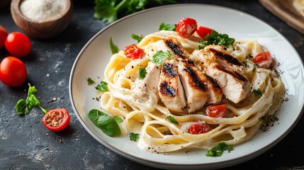 Homemade fettucine pasta white creamy sauce grilled