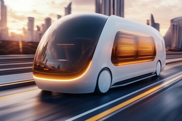 Obraz premium A futuristic electric van driving along a sleek highway, with a modern cityscape in the background