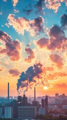 Industrial cityscape releasing pollution into colorful sunset sky
