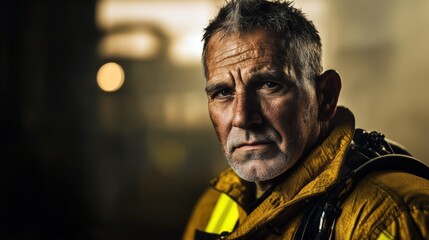 Middle-aged man with short hair and gray beard wearing yellow firefighter uniform serious expression as he looks into distance in front of him