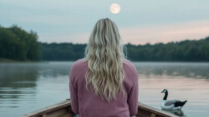 Fototapeta premium Serene Moment on Calm Lake with Woman in Boat Gazing at Full Moon and Geese in Background