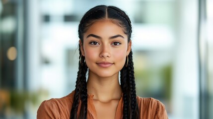 Portrait of beautiful Latin woman with black braids wearing casual attire standing in modern office
