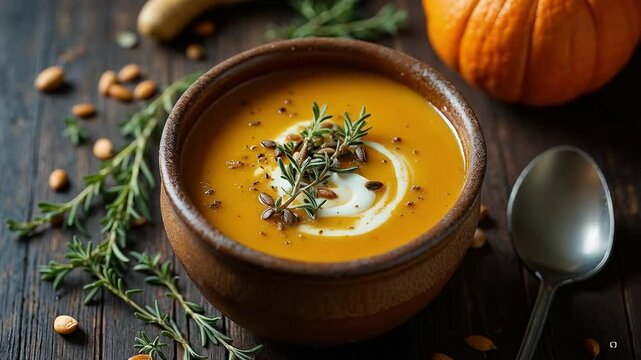 Sopa cremosa de calabaza con romero y semillas tostadas