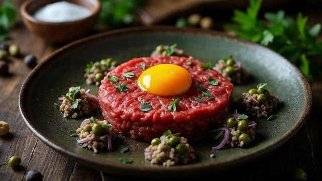 Steak tartar con yema de huevo y guarnici&oacute;n de cereales y guisantes