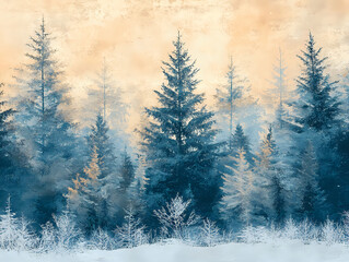Fototapeta premium Snow-laden pine forest under soft morning light in winter scene