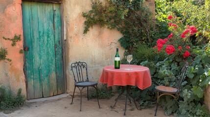 Obraz premium Charming outdoor table setting with wine and flowers