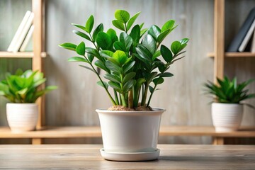 Fototapeta premium A low-maintenance ZZ plant sits in a compact ceramic pot, its glossy leaves reflecting the surrounding shelves, succulents, compact decor, indoor plants, desk accessories, ZZ plant