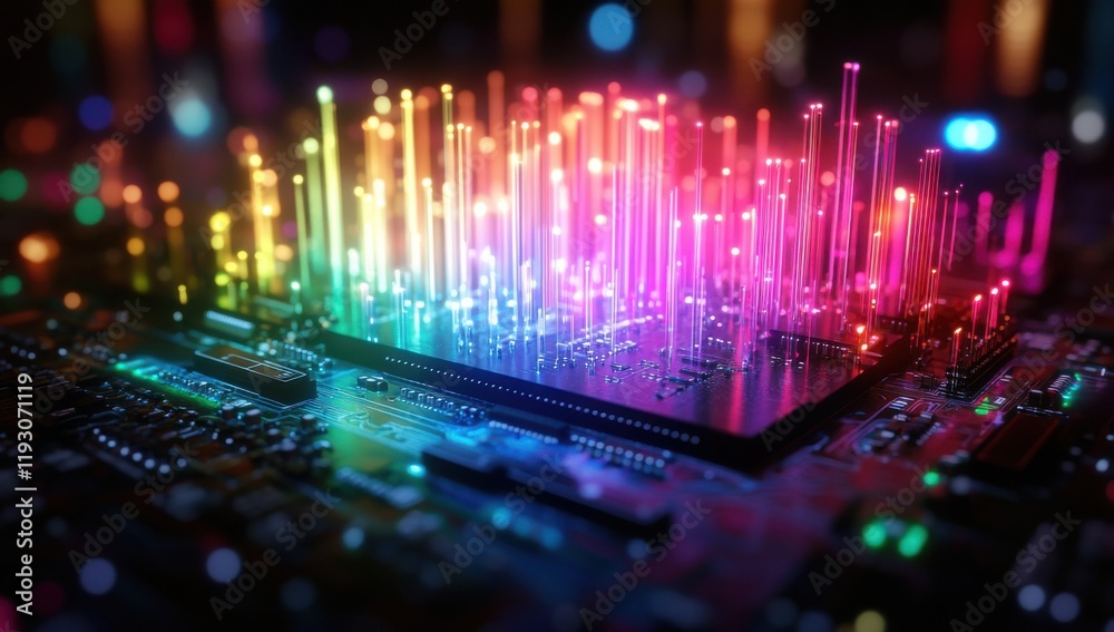 Poster Vibrant Abstract Visualization of a Circuit Board with Colorful Light Patterns Representing Data Flow and electronic connectivity in a Digital Environment