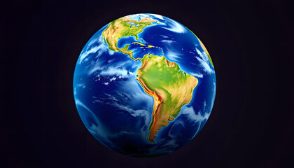 Fototapeta premium Earth globe, realistic 3 D rendering. Americas view. (Source map, Colored gel lighting, with white tones