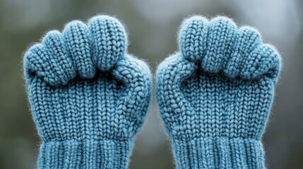 Cozy blue knitted mittens raised in solidarity