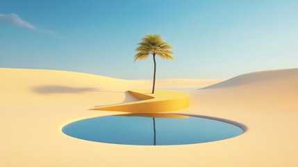 A serene desert scene featuring a solitary palm tree beside a reflective pool, surrounded by golden sands and a clear blue sky.