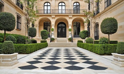 Naklejka premium Grand mansion courtyard with checkered tile path, manicured shrubs, and elegant entrance.