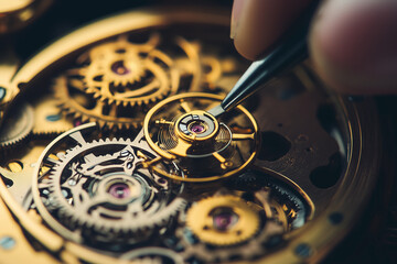 A person works diligently on a clock with gears and a screwdriver. Generative AI